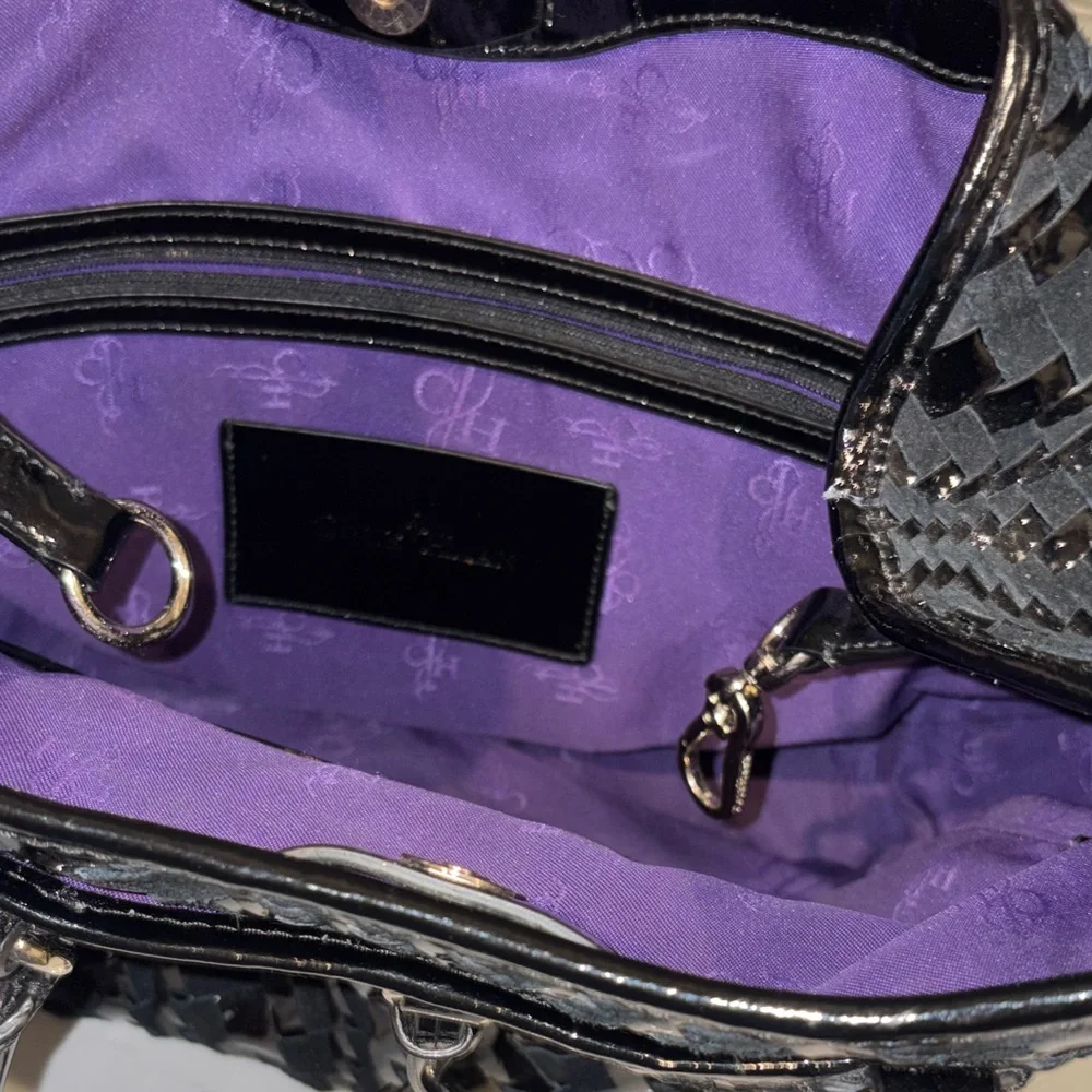 Cole Haan Black Woven Patent Leather & Suede Shoulder Bag, Purple Lining. - Picture 9 of 9
